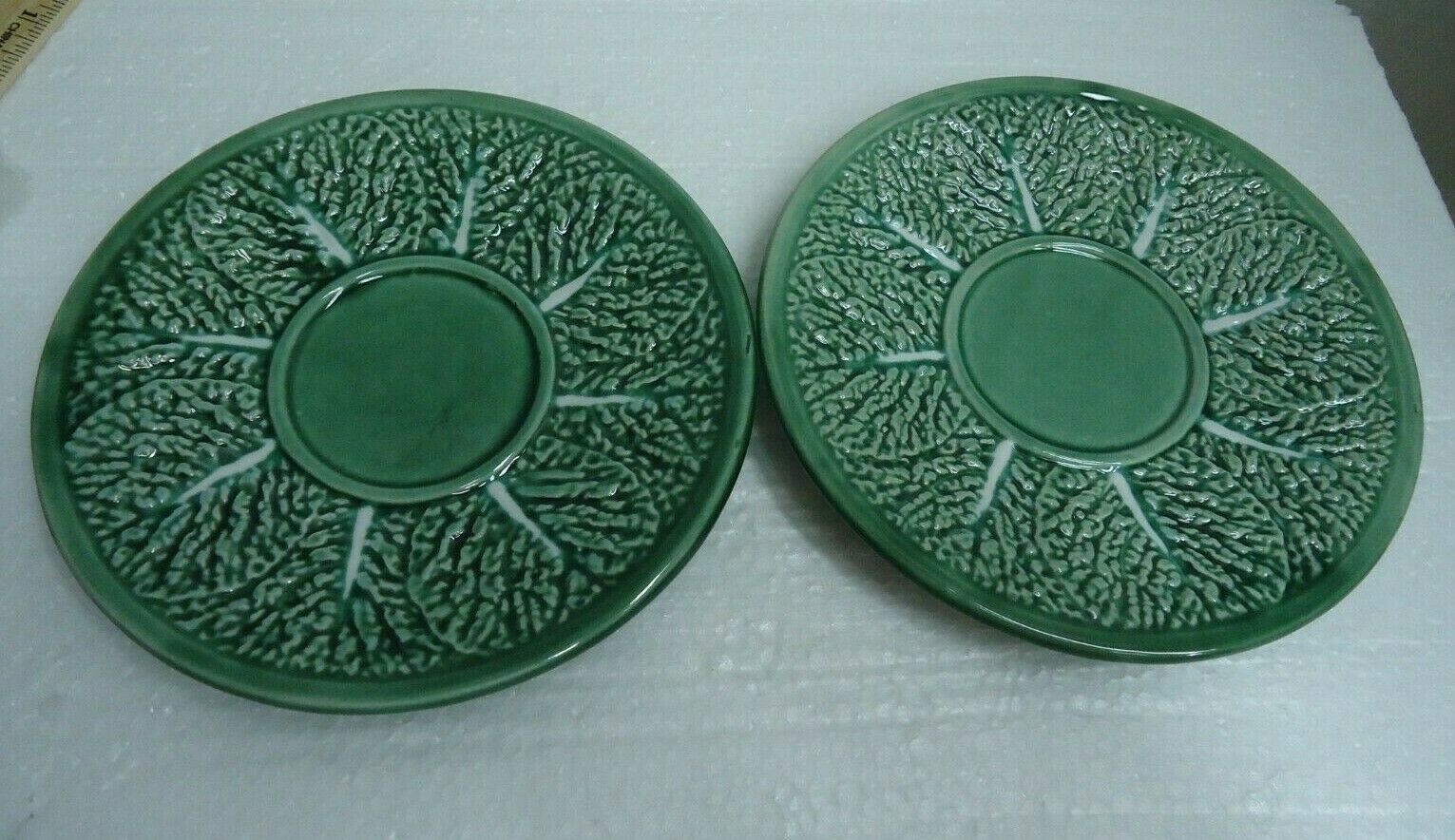 g144 Bordallo Pinheiro 2 SAUCERS ONLY Green Cabbage leaves Portuguese pottery - $12.00