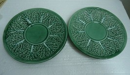 g144 Bordallo Pinheiro 2 SAUCERS ONLY Green Cabbage leaves Portuguese po... - $12.00