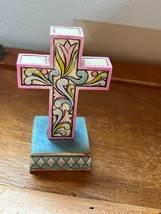Small Jim Shore Marked Pink w Green &amp; Blue Carved Resin Religious CROSS ... - £11.70 GBP