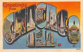 Greetings from Chicago Illinois Large Letter Orange Blue linen postcard - £5.03 GBP