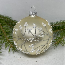 Biege with white and silver glitter glass ball XMAS ornament, XMAS decoration - £10.24 GBP