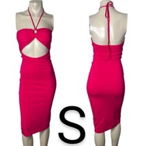 Hot Pink Cotton Knit Halter Neck Tie Front Cut Out Midi Backless Dress~Size S - £32.03 GBP