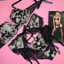Victoria&#39;s Secret 32DD BRA SET+garter+panty BLACK floral applique embroidered - £78.44 GBP