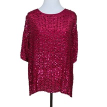 Velvet by Graham &amp; Spencer Blouse Top Women Large Pink Sequin Short Sleeve Relax - £31.58 GBP