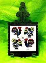 Rooster &amp; flowers tile green cast iron vintage trivet - £4.58 GBP