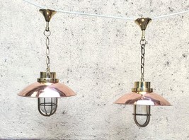 New Nautical Style Hanging Bulkhead Brass Light With Copper Shade 2 Pcs - £193.40 GBP