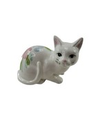 Hand Painted Ceramic Porcelain White Cat Kitten with Flowers Figurine - £9.27 GBP