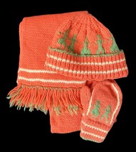 VTG 70s Hand Knitted Hat Scarf &amp; Mitten Set Fringe Orange Green Teen You... - $31.84