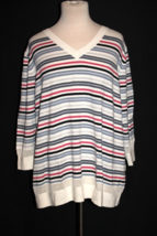 CJ Banks Size 2X V Neck Sweater Top Blue White Pink 3/4 Sleeve Light Weight - $19.80