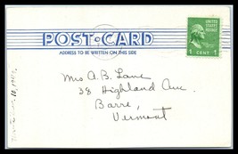 1945 US Postcard - Quincy, Massachusetts to Barre, Vermont R2 - $2.96