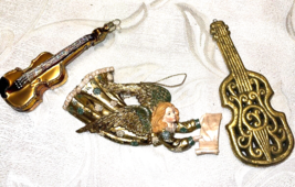 Lot Of 3 Christmas Tree Ornaments Violin Cello Angel Gold Color Vintage 5 12 in - £7.90 GBP