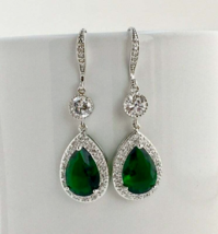 14k White Gold Over 2.20Ct Pear Simulated Green Emerald Drop/Dangle Earrings - £92.66 GBP