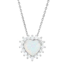 Sterling Silver White Inlay Opal Heart with CZ Border Pendant - £23.65 GBP