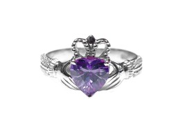 Sterling Silver Purple Heart Claddagh Ring Purple Heart Band Silver Heart Ring - £27.51 GBP