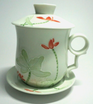 Teavana Mint Green Textured Tea Cup With Saucer And Lid Set Floral Porce... - $26.70