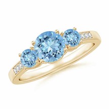 ANGARA Three Stone Round Aquamarine Ring with Diamond Accents in 14K Gold - £1,034.71 GBP