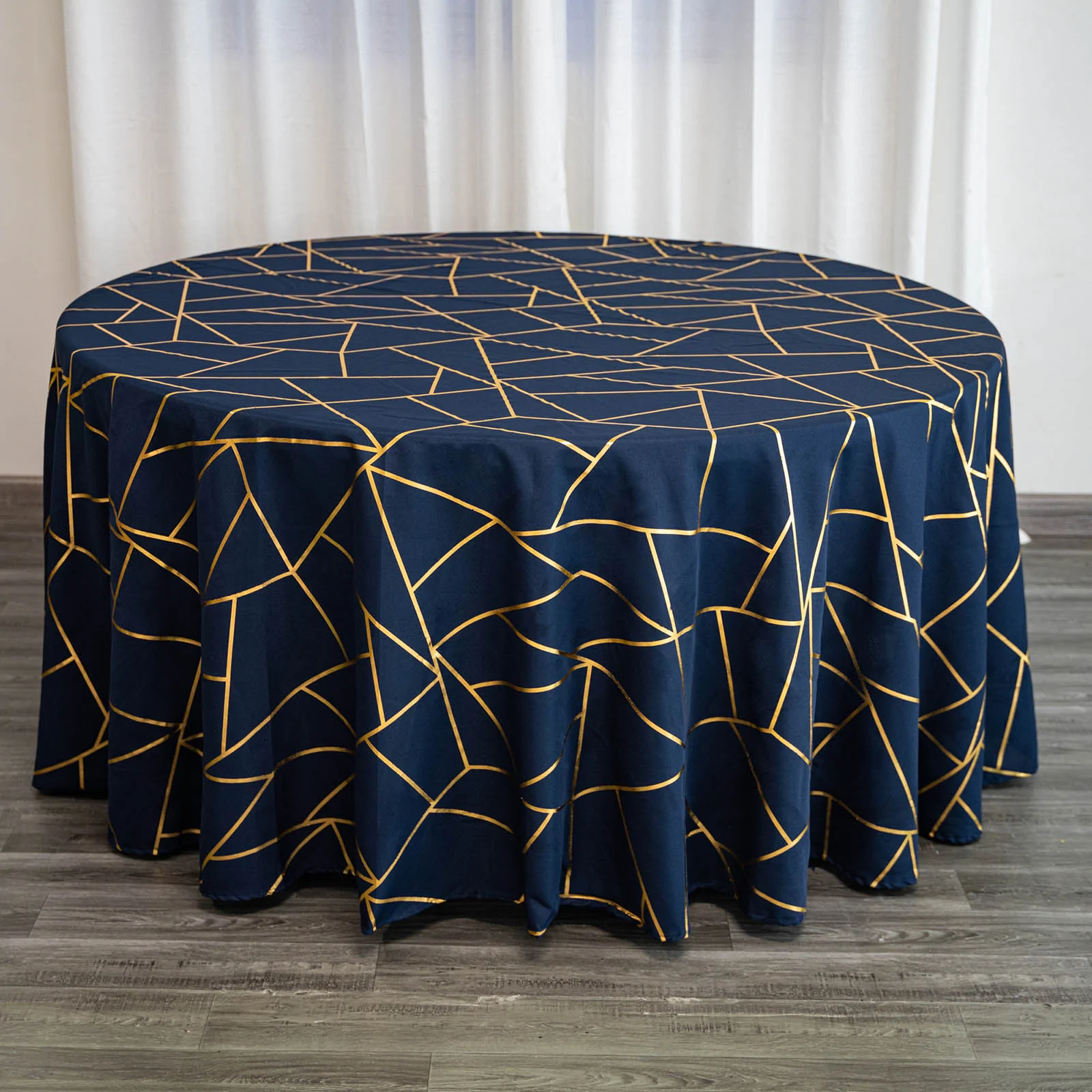 Navy Blue - 120&quot; Round Polyester Tablecloth With Gold Foil Geometric Pattern - £40.50 GBP
