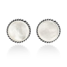 Elegant Braided Border Round Mother of Pearl Inlay Sterling Silver Stud Earrings - £12.65 GBP