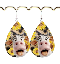 Double Sided PU Leather Teardrop Dangle Earrings - New - Silly Sunflower Cow - £11.84 GBP