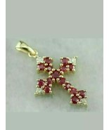 14k Yellow Gold Plated 2.00Ct Round Cut Moissanite &amp; Red Ruby Cross Pend... - $118.78 CAD