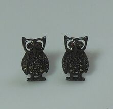 Vintage 925 Sterling Silver &amp; Marcasite Owl Earrings - $26.73