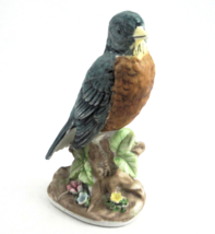 Norleans Stylized Robin Bird on Stump w/ Flowers Bisque Porcelain Figurine 4.25&quot; - £9.17 GBP