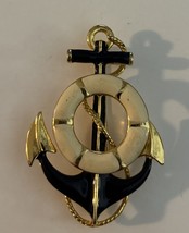 Vintage Enameled Navy, White and Gold-Toned Nautical Brooch Pin 2-1/4” - $229.08 MXN