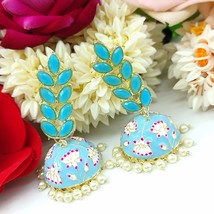 Bollywood Style Gold Plated Indian Fashion Jhumka Earrings Blue Jewelry Set - £14.93 GBP