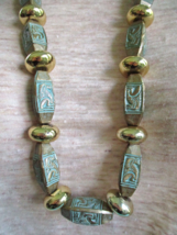 Egyptian Revival Necklace Blue and Gold Carved Look Beads Falcon Bird Vi... - $38.00