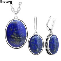 Oval Natural Lapis Lazuli Jewelry Set Necklace Earrings For Women Antique Silver - £11.14 GBP