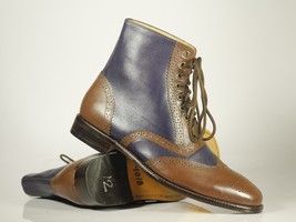 Handmade Men Brown Purple Wing Tip Brogue Lace Up Ankle Boots, Men Designer Boot - £127.88 GBP+