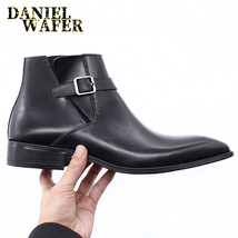 Men&#39;s Ankle Boots Genuine Leather Shoes Black Blue Buckle Strap Zipper Dress For - £114.27 GBP