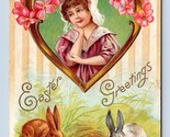 Easter Greetings Bunny Eggs Flowers Heart UNP Embossed DB Postcard K14 - £6.34 GBP