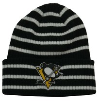 Pittsburgh Penguins Adidas NHL Black &amp; White Striped Knit Hockey Beanie Hat - £16.39 GBP