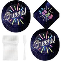 HOME &amp; HOOPLA Neon New Year&#39;s Party Cheers Round Paper Dessert Plates, 2023 Napk - £11.96 GBP