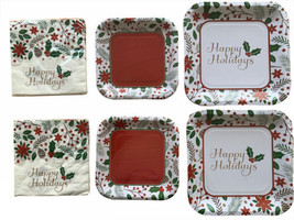 Happy Holidays Christmas Holly Berries Paper Plates and Napkins Serves 16 Party - £18.05 GBP
