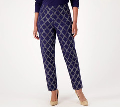 New Womens Isaac Mizrahi Live! Stretch Navy Blue Silver Foil Leaf Pants 4 T Tall - $78.21