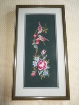 Framed Birds &amp; Roses Needlepoint &amp; Petit Point Wall Hanging - 13&quot; X 23 1/2&quot; - £23.68 GBP