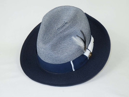 Men's Milani Straw Braided Fedora Hat Soft Crushable FDS-006 Navy/White image 2