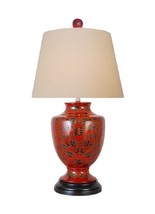 Chinese Red Lacquer Porcelain Vase Table Lamp Shade and Finial 28.5&quot; - £230.62 GBP