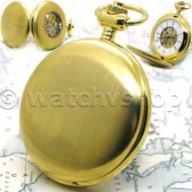 Mechanical Pocket Watch Gold Color for Men Skeleton Movement and Dial on Chain - £27.56 GBP