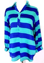 Violet &amp; Claire Top Size Medium Blouse Turquoise Blue Stripe Roll Sleeve... - £13.22 GBP