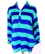 Violet &amp; Claire Top Size Medium Blouse Turquoise Blue Stripe Roll Sleeve... - $319.69 MXN