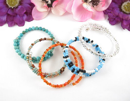 5 Beaded Wrap Bracelets Vintage Glass Beads Blue Orange Brown Clear Black White - £17.40 GBP