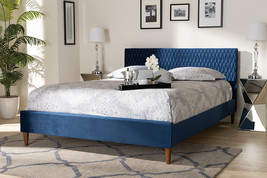 Timothy Royal Blue Velvet Fabric Upholstered Queen Size Bed - $3,232.05 MXN