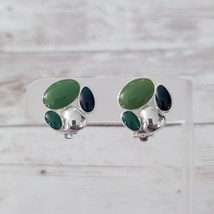 Vintage Clip On Earrings Silver Tone with Shades of Green - $14.99