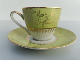 Vintage MZ Czechoslovakia Green White &amp; Gold Coffee Tea Cup Saucer Set - £21.94 GBP