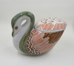 Porcelain Swan Hand-Painted Vanity Trinket Box Green Brown Pink - £15.17 GBP