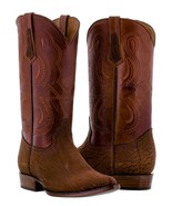 Mens Cognac Western Cowboy Boots Bull Buffalo Leather Print Size 11.5, 13.5 - $119.99