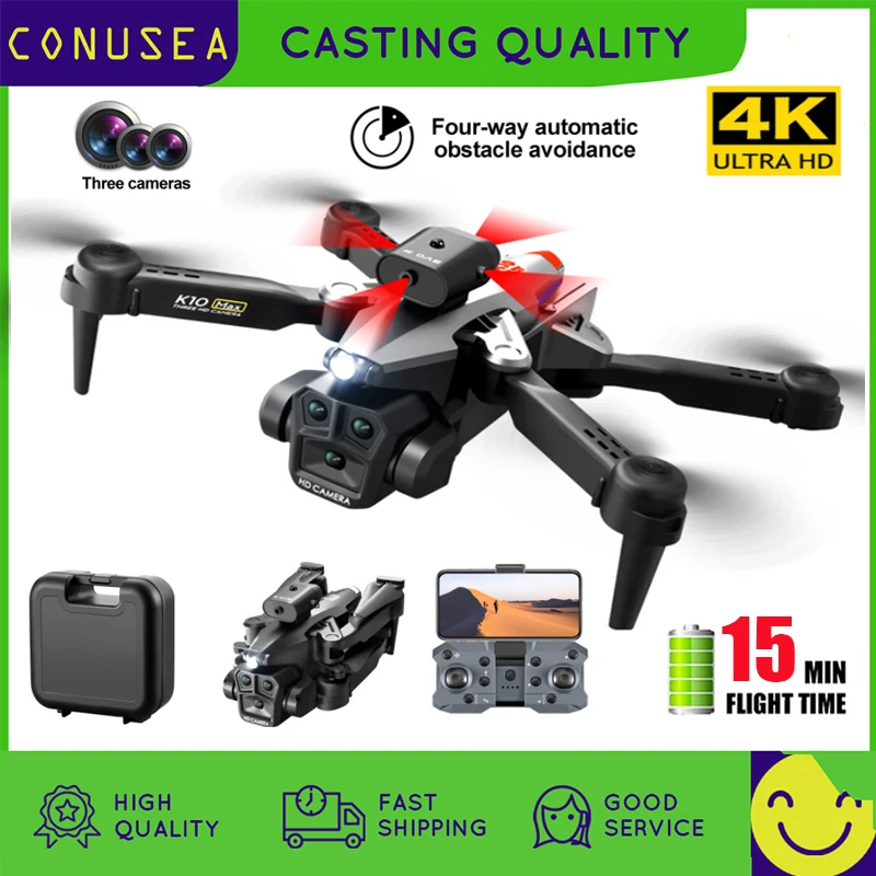 K10Max Dron Three Camera Hd 4K Drone Wifi Fpv Quadcopter Mini Drones Obstac - £55.65 GBP+